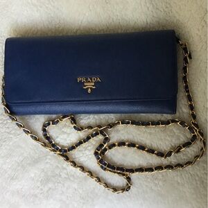 Prada Navy Leather Clutch with Gold Chain